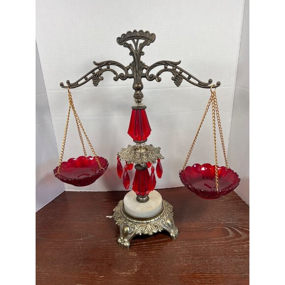 Vintage Decorative Brass & Ruby Red Glass Justice Scale With Hanging Bowls & Cry - Picture 1 of 5